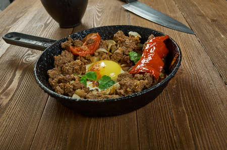 Makhlama Lahm - Iraqi Eggs with Lamb and Tomatoes, breakfast dish, ground lamb is sautÃ©ed with onions, tomatoes, and parsley, seasonedの写真素材