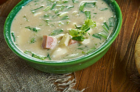 Okroshka, Russian traditional soups , assorted dishes, Top view.soup is a mix of mostly raw vegetables , boiled potatoes, eggs, and a cooked meat such as beef, vealの写真素材