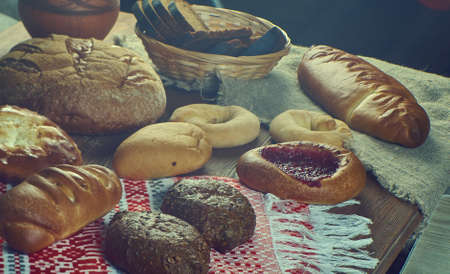 Russian traditional pies piroshki , assorted pastry: dishes, Top view.の写真素材