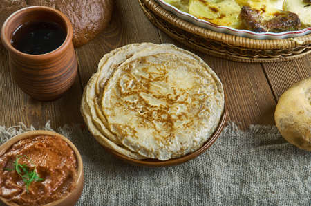 Blini, Russian pancake traditionally made from wheat, 19th century classic cuisine , assorted ...