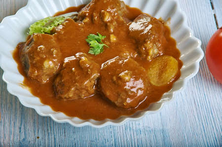 Sardine Balls in Spicy Tomato Sauce, Moroccan cuisine; assorted dishes; Top vie;