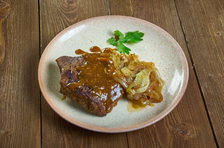 Steak and Stout with mushrooms and onions, close upの写真素材