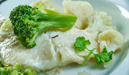 Poached hake served  with vinaigrette, close upの写真素材