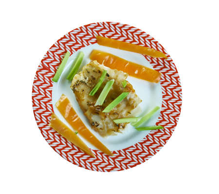 Sunshine Hake, Crispy hake fillet with Sweet Chilli,  Coriander and Limeの写真素材