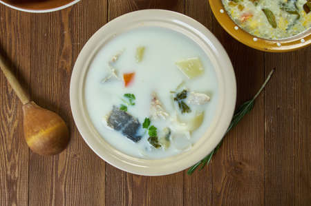Belgian Flemish Fish Soup, national  cuisine, Traditional assorted Asia dishes, Top view.の写真素材