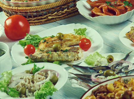 Italian-American cuisine, Traditional assorted dishes, Top view.