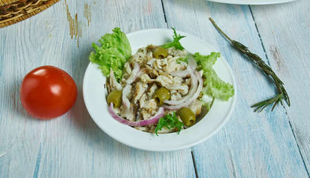 Baccala Salad, Salt cod salad, Italian-American cuisine, Traditional assorted dishes, Top view.