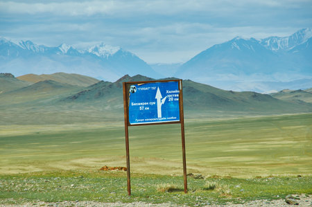 Tract Ulyastayn-Khudo, Mountain Road, Mongolia, Signpost, June 19, 2019のeditorial素材