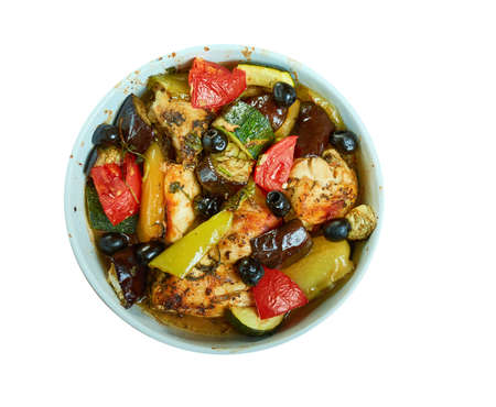 Greek Chicken Traybake,packed with roasted peppers, tomatoes, olives, red onion and chicken.の写真素材