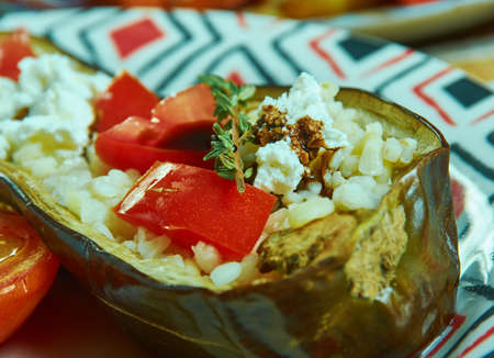 Bulgur Stuffed Eggplant, Vegetarian Stuffed Aubergine with Bulgurの写真素材