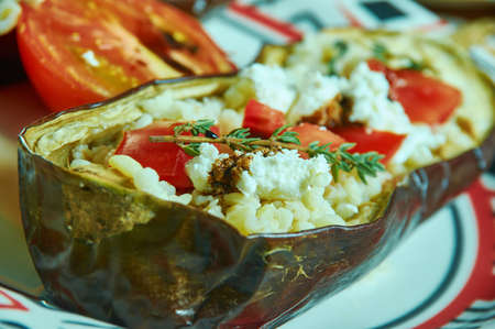 Bulgur Stuffed Eggplant, Vegetarian Stuffed Aubergine with Bulgurの写真素材
