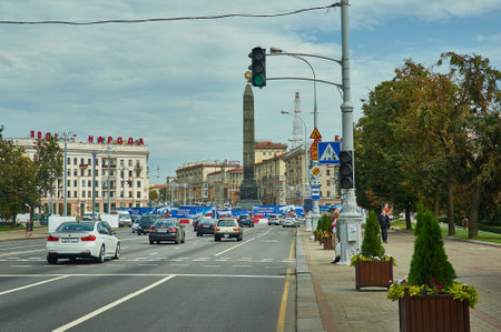 Minsk, Belarus.Independence Avenue, Summer season, sunset time,August 12, 2019のeditorial素材