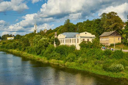 Torzhok,  town in Tver Oblast, Russia, Old buildings at the embankment of the Tvertsa river in summerFの写真素材