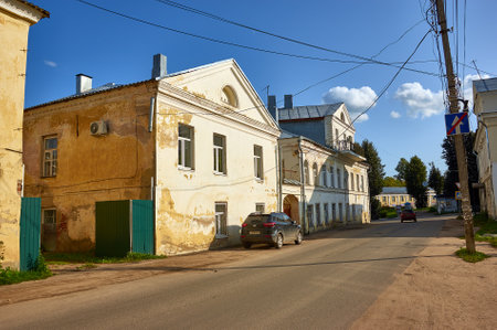 Torzhok,  town in Tver Oblast, Russia, A quiet street with restored historical housesのeditorial素材