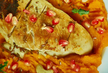 Baked Curried Chicken  Spaghetti Butternut Squash close upの写真素材