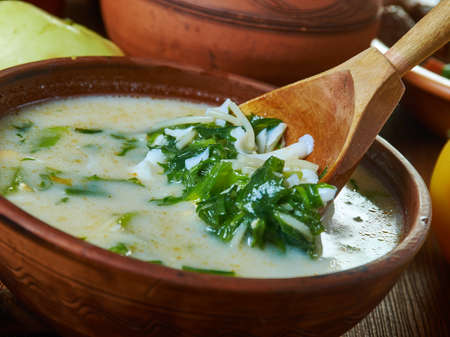 Supa kopriva,Mess Nettle Soup,  Bulgarian, national  cuisine, Traditional assorted Balkans dishes, Top view.の写真素材