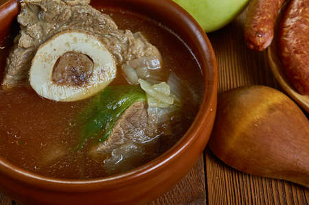 Pacha soup,  boiled cow or sheep parts, which might include the head, feet, and stomach. Bulgarian,...