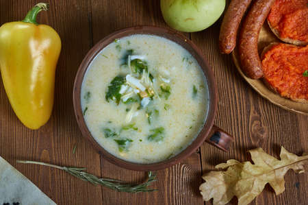 Supa kopriva,Mess Nettle Soup,  Bulgarian, national  cuisine, Traditional assorted Balkans dishes, Top view.の写真素材