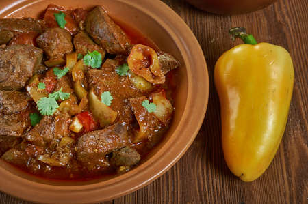 Drob po selski, made by cooking liver with vegetable chunks. Bulgarian, national  cuisine, Traditional assorted Balkans dishes, Top view.の写真素材