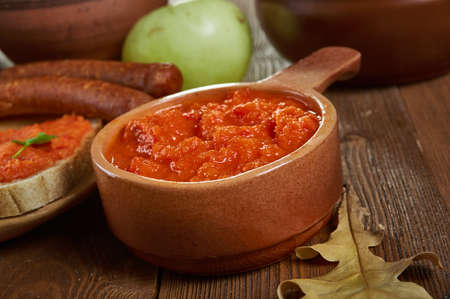 Ljutenica, vegetable relish or chutney. Bulgarian, national  cuisine, Traditional assorted Balkans dishes, Top view.の写真素材