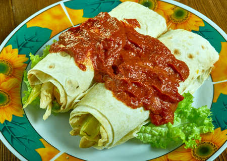 Enchiladas de nopales con pollo,  mexican close up Turkey Green Chile wrap