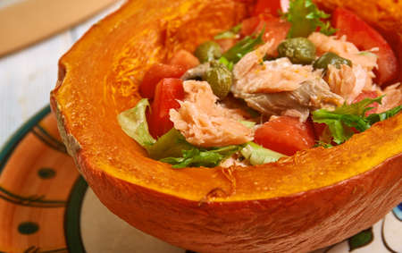 Trout Salad in Baked Pumpkin close upの写真素材