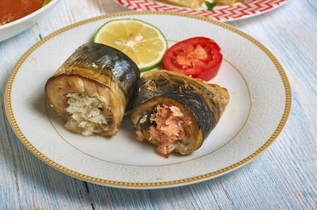 Mackerel roll with salmon and feta close up