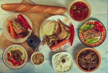 Senegalese African cuisine, Traditional assorted Asia dishes, Top view.の写真素材