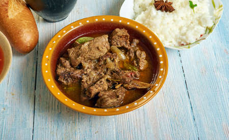 Maafe, Peanut stew, Senegalese African cuisine, Traditional assorted Asia dishes, Top view.