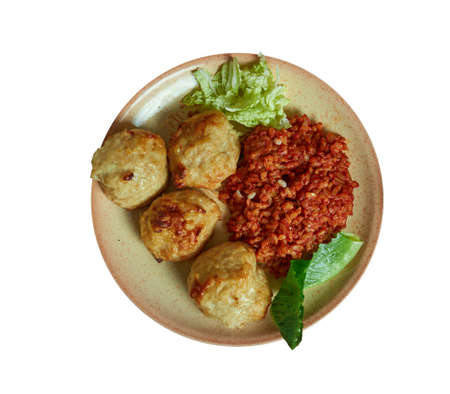 Burkinabe Spiced Lamb Balls, Burkina Faso cuisine, Traditional assorted African dishes, Top view.の写真素材