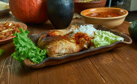 Moussaka , Moambe chicken Congolese cuisine, Traditional assorted African dishes, Top view.の写真素材