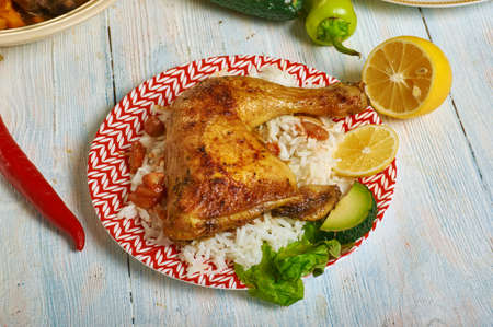 Chicken with rice and peas, Caribbean cuisine, Traditional assorted  dishes, Top view.