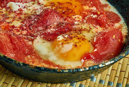 Chakchouka,Eggs in Tomato Sauce . Tunisian cuisine, Traditional assorted African dishes, Top view.の写真素材
