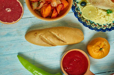 baguette, Tunisian cuisine, Traditional assorted African dishes, Top view.