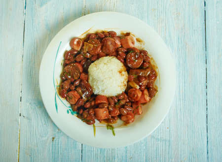 Chicken Andouille Sausage with Red Beans and Rice close upの写真素材