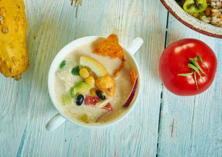 Creamy Southwest Corn Chowder. Southwest style soup, Southwest  cuisine, Traditional assorted American dishes, Top view.の写真素材