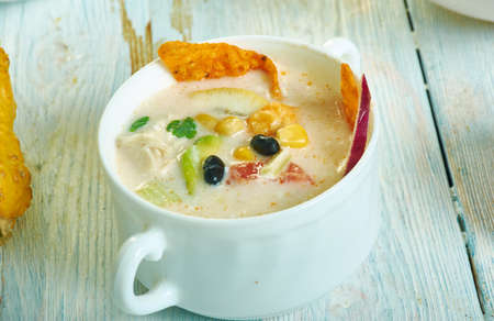 Creamy Southwest Corn Chowder. Southwest style soup, Southwest  cuisine, Traditional assorted American dishes, Top view.の写真素材
