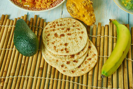 Chapatis,  unleavened flatbread, Kenyan cuisine, Traditional assorted African dishes, Top view.