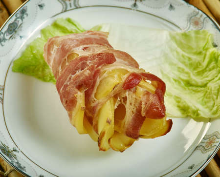 Potato Bacon Roses, delicious bacon wrapped potato roses close upの写真素材