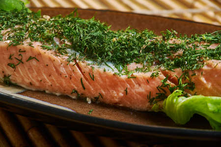 Foolproof Salmon Baked, Pat herb paste fish with the olive oil and scatter the lemon 