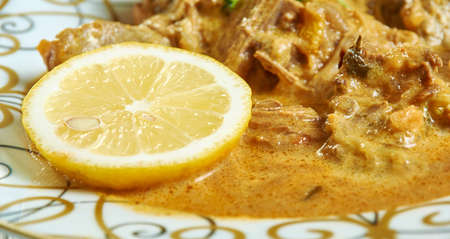 Dahi Gosht - Yogurt Lamb Curry, Kashmiri cuisine, Traditional assorted Indian  dishes, Top view.