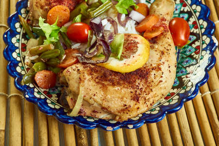 Palestinian Roast Sumac Chicken and Rice, close upの写真素材