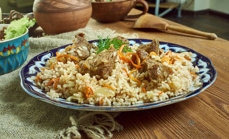 Bukharskii Uzbek  Beef plov , authentic rice and lamb dish for a party from the heart of Middle Asiaの写真素材