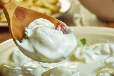 Italian Sausage Chorizo Alfredo Tortellini Soup close up の写真素材