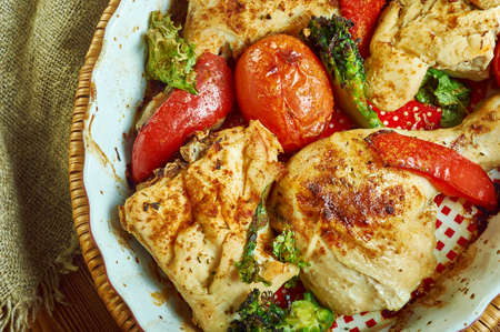 Greek  Chicken  chorizo traybake, powerful flavours of paprika .