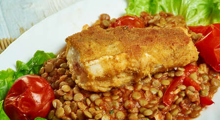 Harissa crumbed fish with lentils, prepare mid-week meal の写真素材