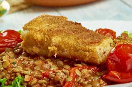 Harissa crumbed fish with lentils, prepare mid-week mealの写真素材