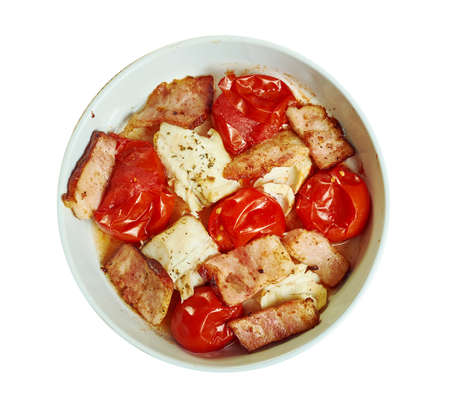 Cod with chopped tomatoes,  crispy pancetta, Tip the sauce into a casserole dish,