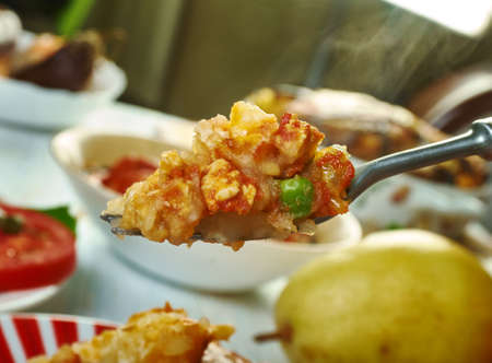 Gatto 'di patate con ragu, potato with meat casserole, Sicilian cuisine, Traditional assorted Italy dishes, Top view.の写真素材