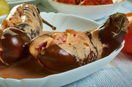 Sicilian Stuffed Eggplant: Melanzane Ammuttunate, Sicilian cuisine, Traditional assorted Italy dishes, Top view.の写真素材
